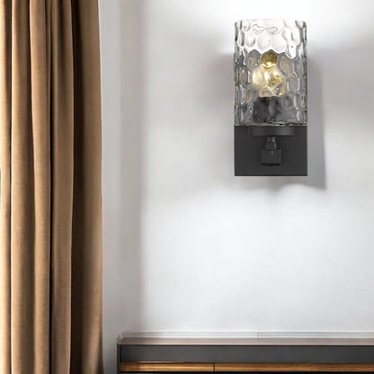 Black Metal and Pebbled Glass Wall Sconce HomeRoots