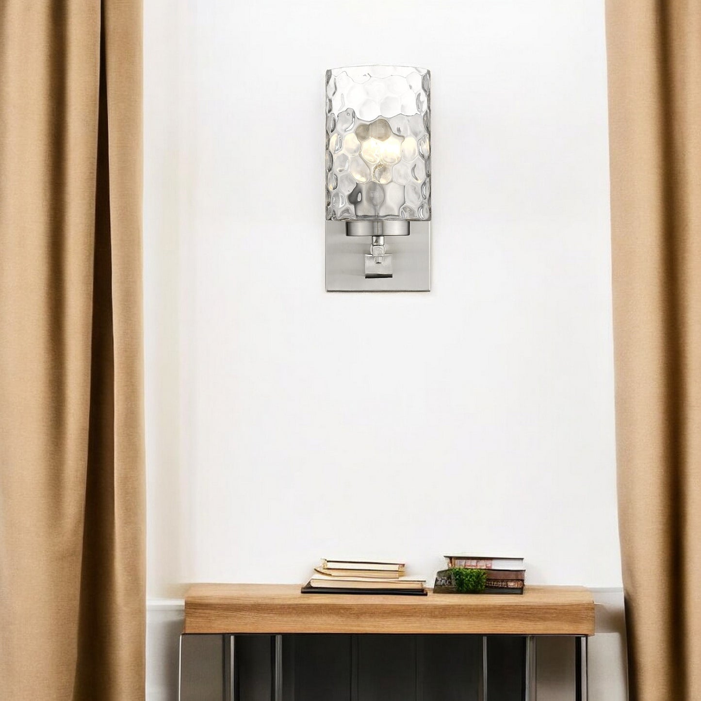 Silver Metal and Pebbled Glass Wall Sconce