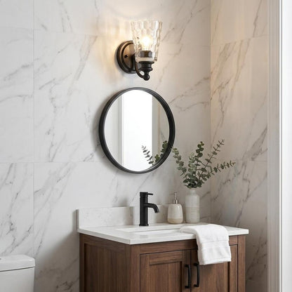 Black Metal and Pebbled Glass Wall Light HomeRoots
