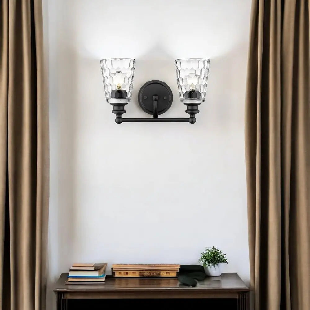 Black Metal and Pebbled Glass Two Light Wall Light HomeRoots