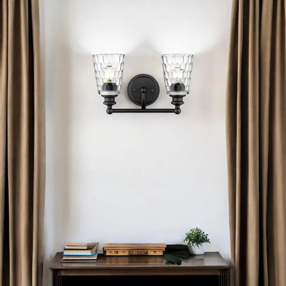 Black Metal and Pebbled Glass Two Light Wall Light HomeRoots