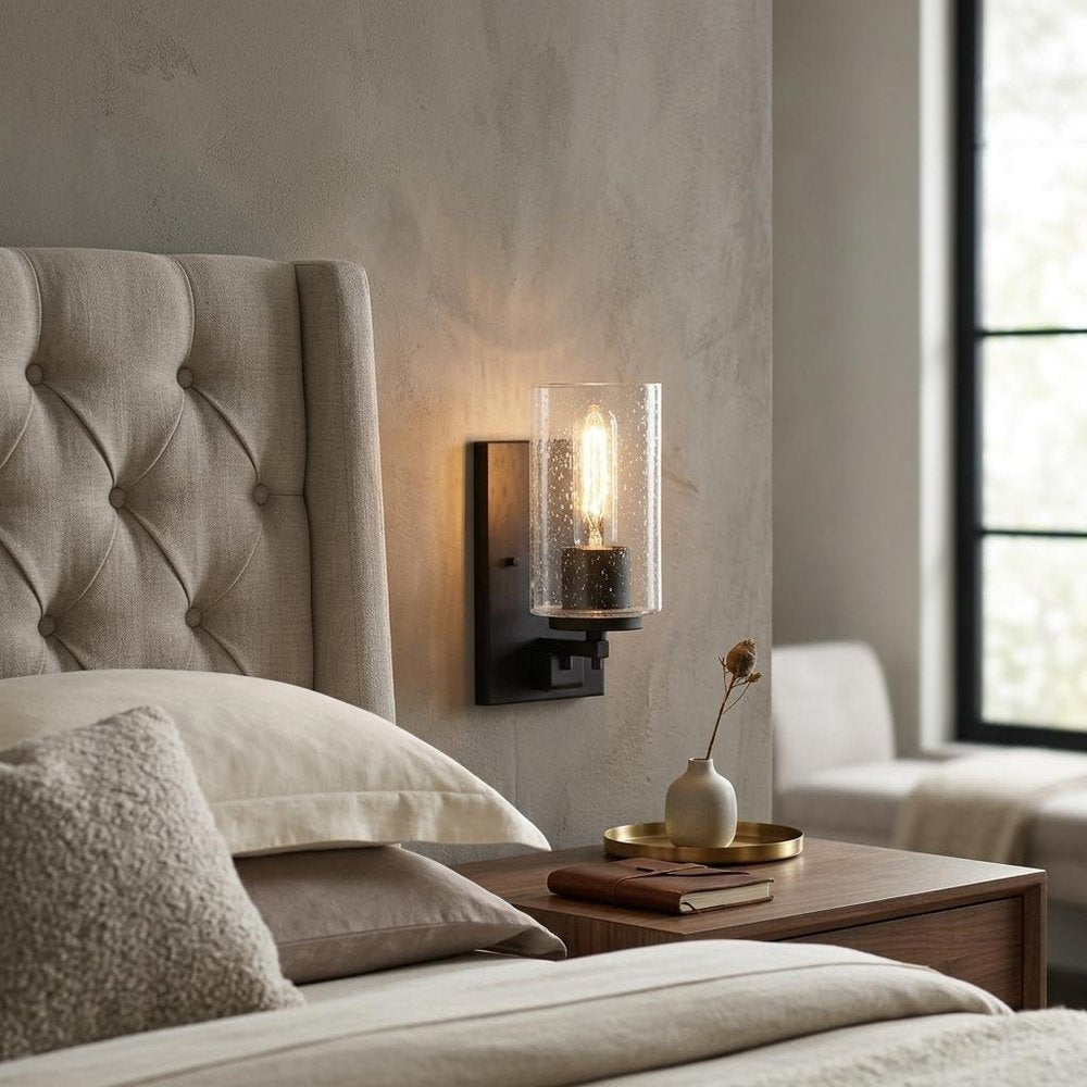 Black Metal and Textured Glass Wall Sconce HomeRoots
