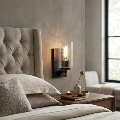 Black Metal and Textured Glass Wall Sconce HomeRoots