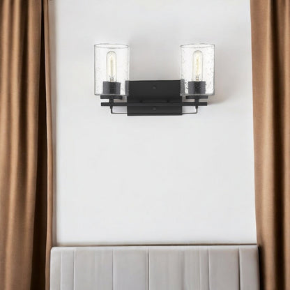 Black Metal and Textured Glass Two Light Wall Sconce