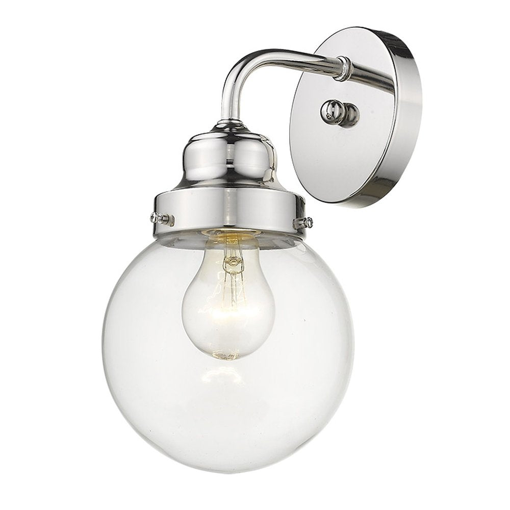 One Light Silver Wall Sconce with Round Glass Shade — view 1