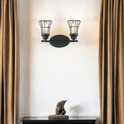 Two Light Matte Black Cage Wall Sconce