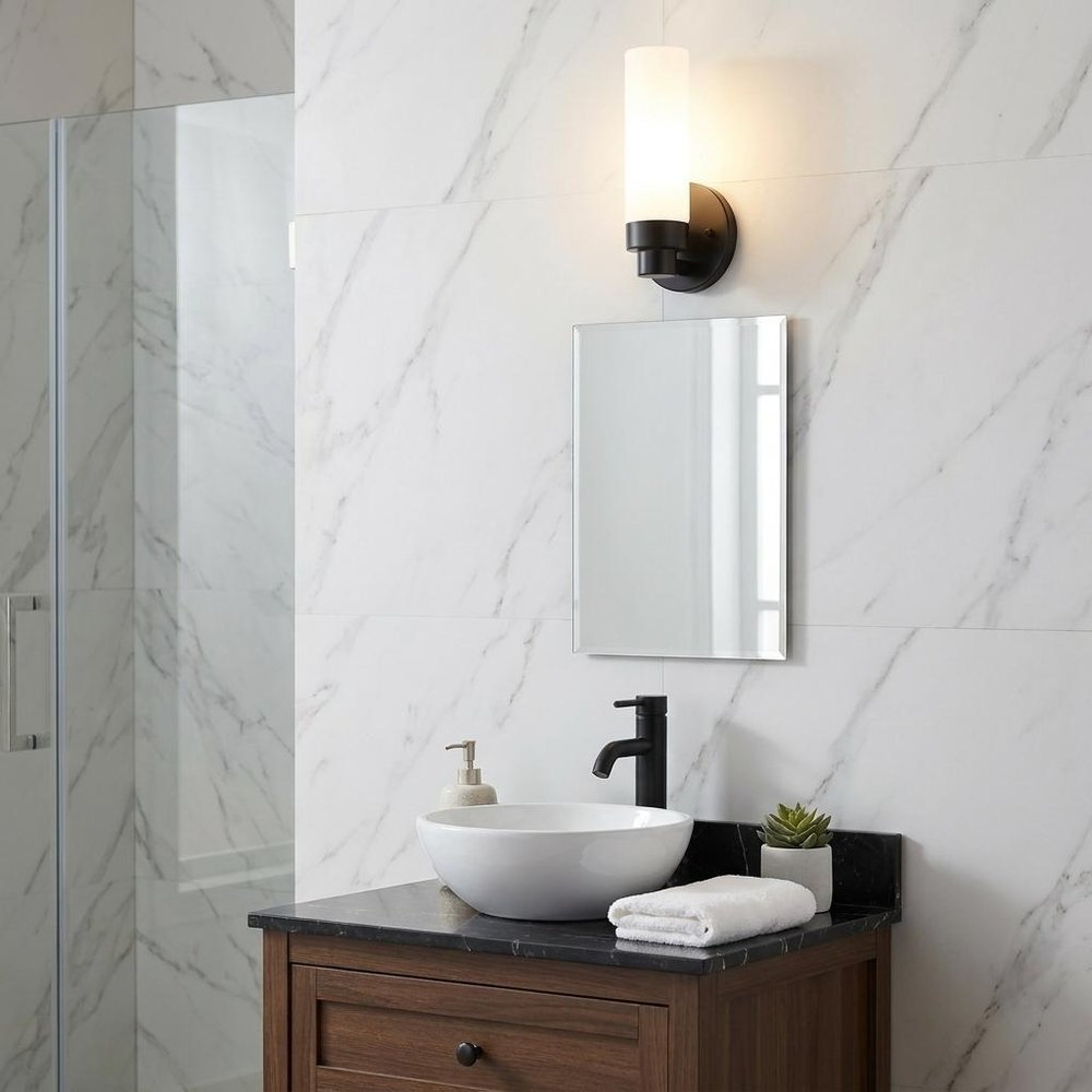 Matte Black Wall Light with Narrow Frosted Glass Shade HomeRoots