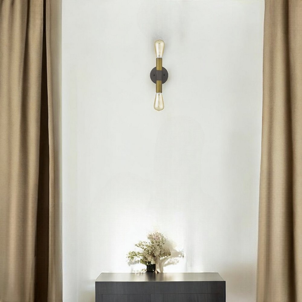 Two Light Brass and Wood Wall Sconce HomeRoots