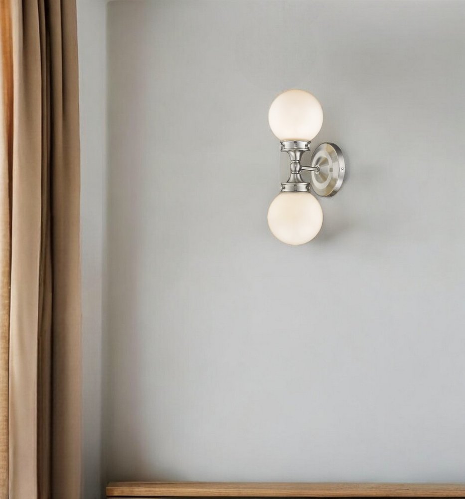 Two Light Silver Wall Sconce with Round Frosted Glass Shade HomeRoots