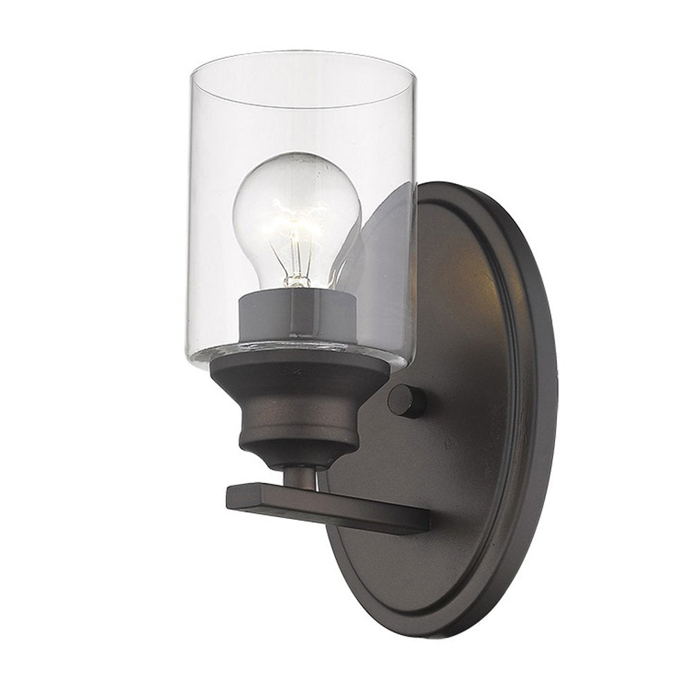 One Light Bronze Wall Light with Clear Glass Shade — view 1