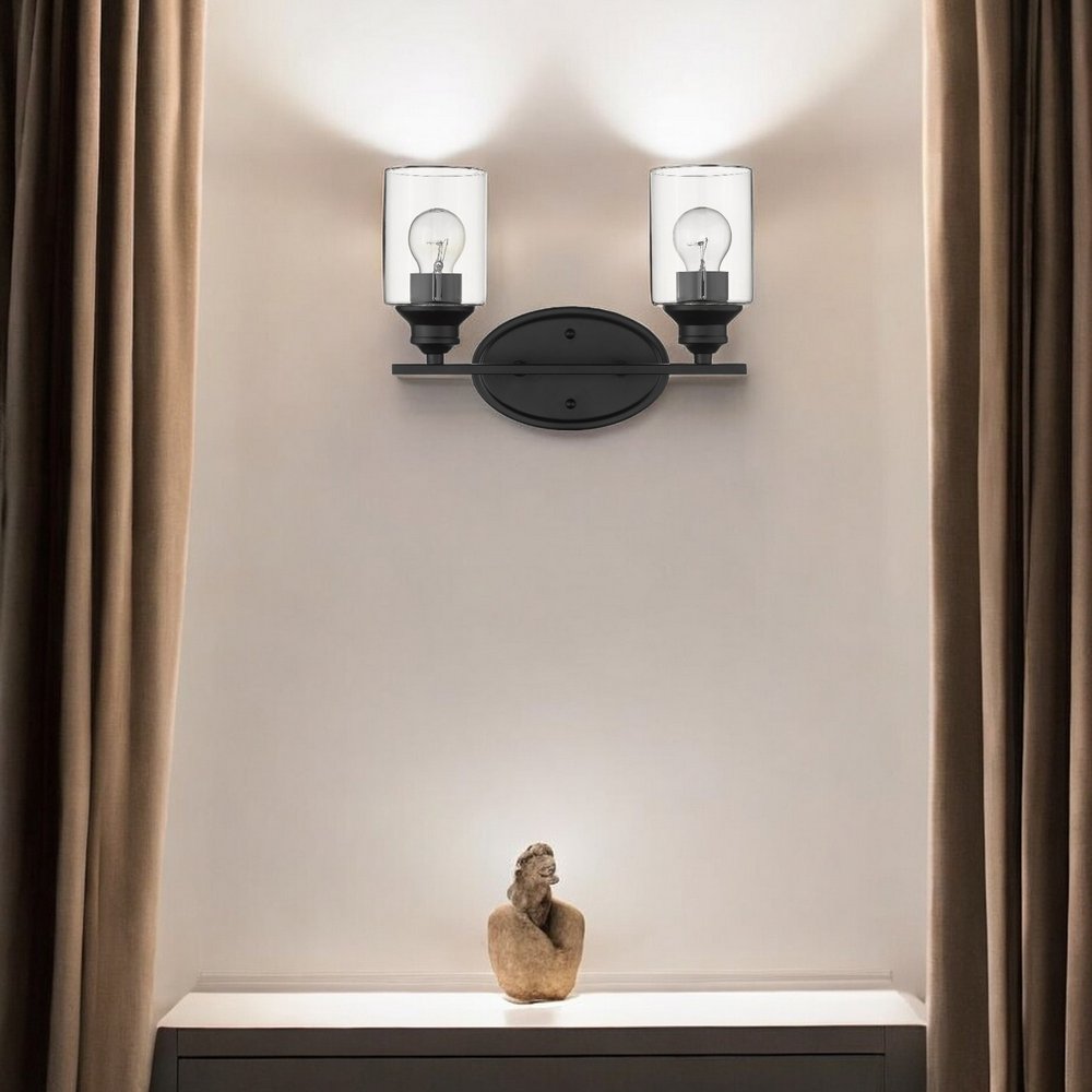 Two Light Matte Black Wall Light with Clear Glass Shade HomeRoots