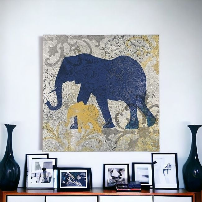 Exotic Blue And Gold Elephant Unframed Print Wall Art