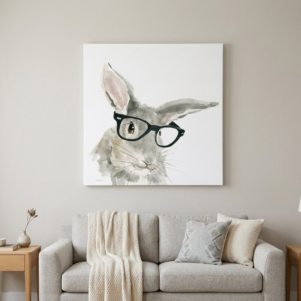20" x 20" Watercolor Cutie Rabbit in Glasses Canvas Wall Art HomeRoots