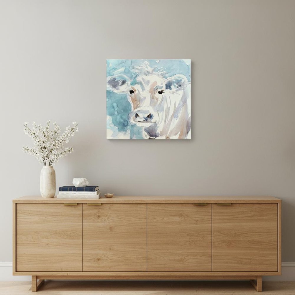 20" x 20" Blue Pastel Watercolor Cow Unframed Canvas Wall Art — view 1