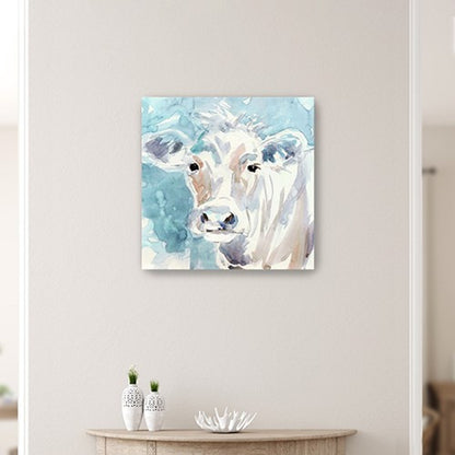 20" x 20" Blue Pastel Watercolor Cow Unframed Canvas Wall Art HomeRoots