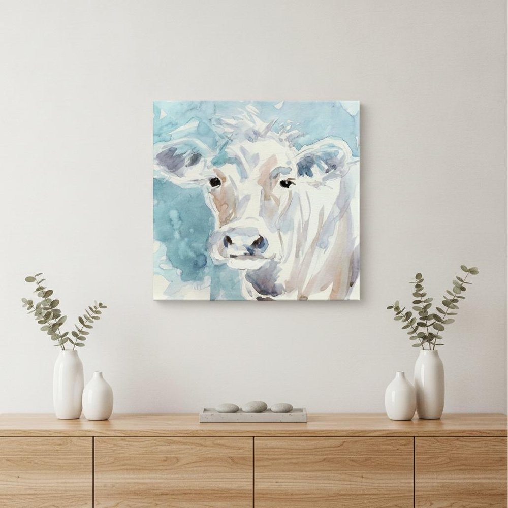 20" x 20" Blue Pastel Watercolor Cow Unframed Canvas Wall Art HomeRoots