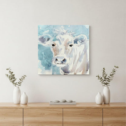 20" x 20" Blue Pastel Watercolor Cow Unframed Canvas Wall Art HomeRoots
