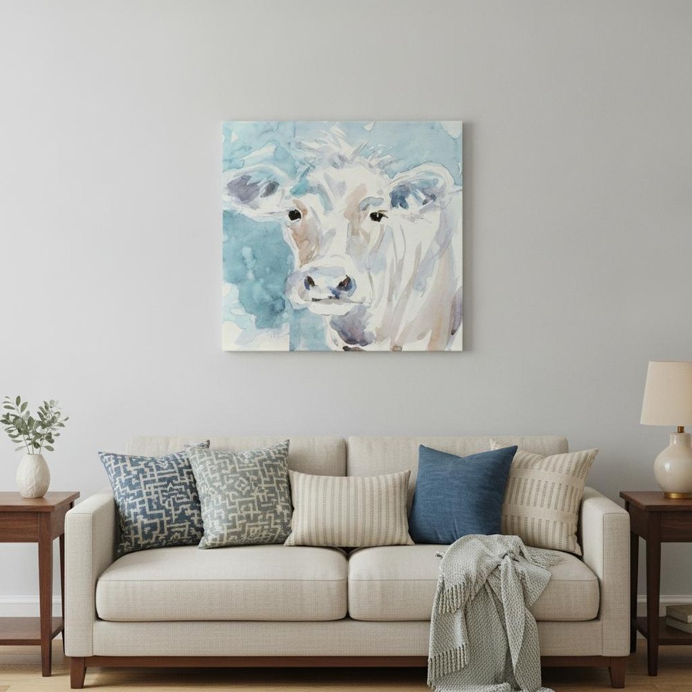 20" x 20" Blue Pastel Watercolor Cow Unframed Canvas Wall Art HomeRoots