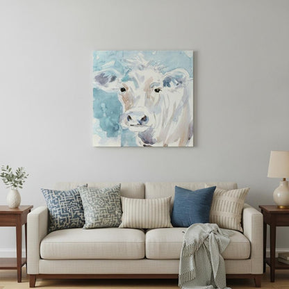20" x 20" Blue Pastel Watercolor Cow Unframed Canvas Wall Art HomeRoots