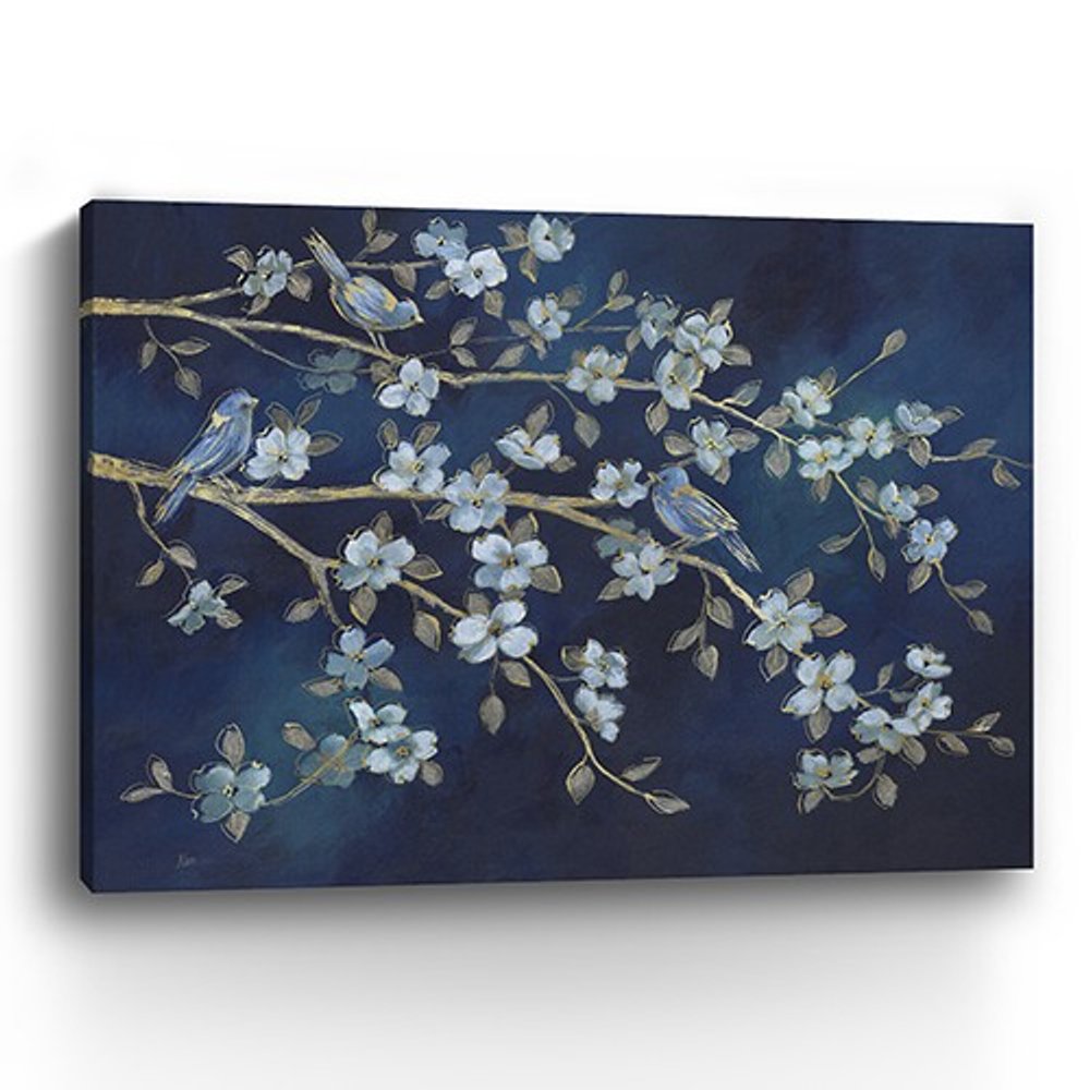 18" x 24" Navy Blue Watercolor Midnight Bird Rendezvous Canvas Wall Art HomeRoots
