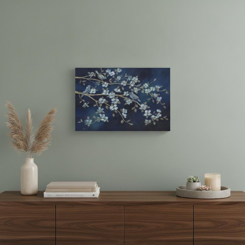 18" x 24" Navy Blue Watercolor Midnight Bird Rendezvous Canvas Wall Art — view 4