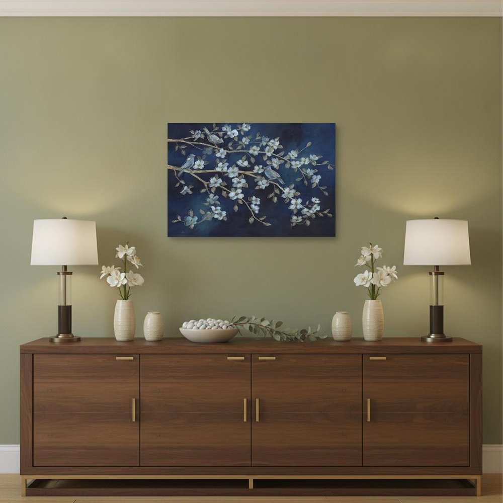 18" x 24" Navy Blue Watercolor Midnight Bird Rendezvous Canvas Wall Art — view 8