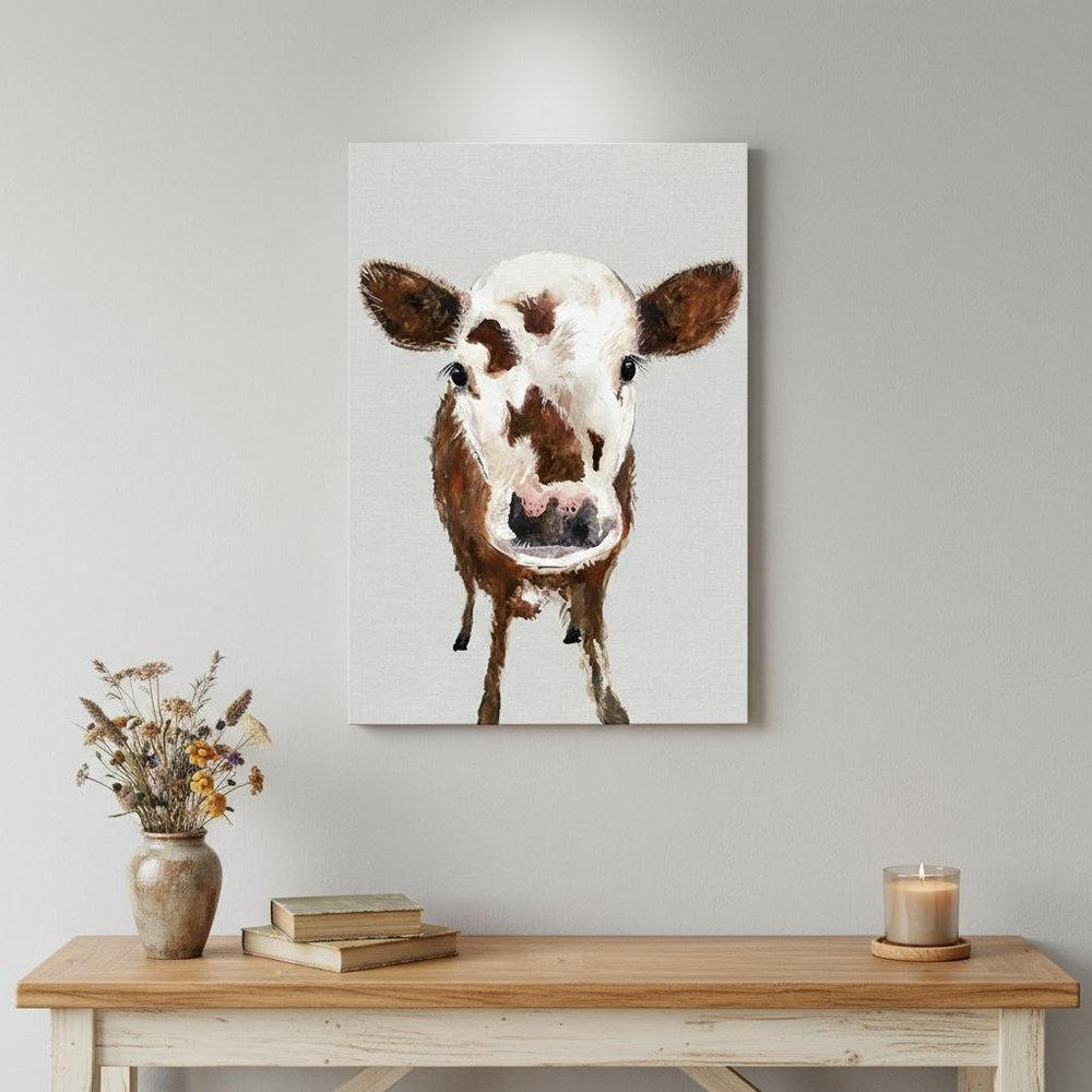 24" x 16" Brown and White Baby Cow Face Canvas Wall Art — view 1
