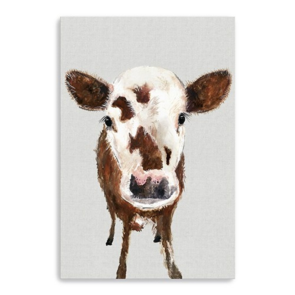 24" x 16" Brown and White Baby Cow Face Canvas Wall Art HomeRoots