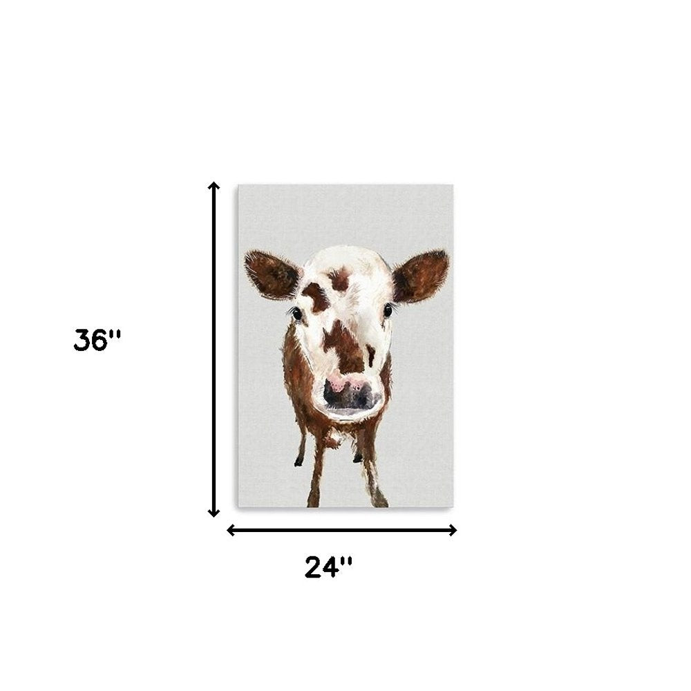 24" x 16" Brown and White Baby Cow Face Canvas Wall Art HomeRoots