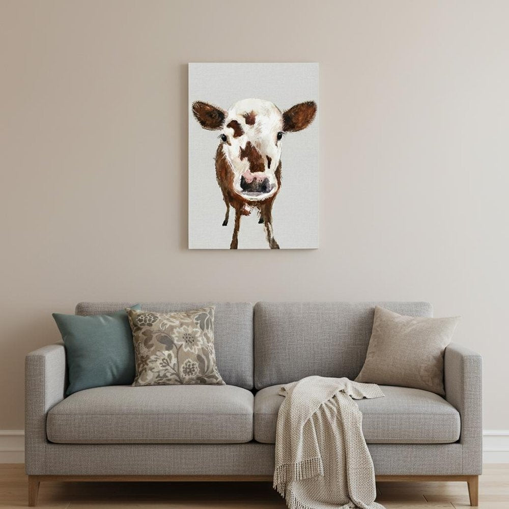 24" x 16" Brown and White Baby Cow Face Canvas Wall Art HomeRoots