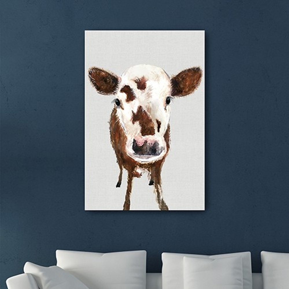 24" x 16" Brown and White Baby Cow Face Canvas Wall Art HomeRoots