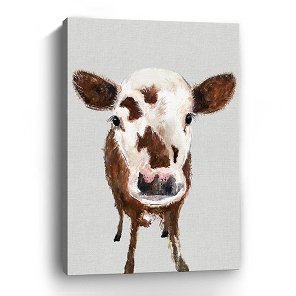 24" x 16" Brown and White Baby Cow Face Canvas Wall Art HomeRoots