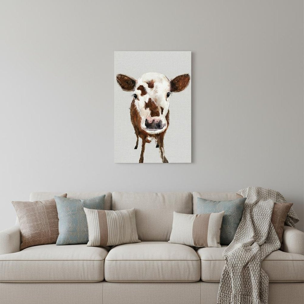24" x 16" Brown and White Baby Cow Face Canvas Wall Art HomeRoots
