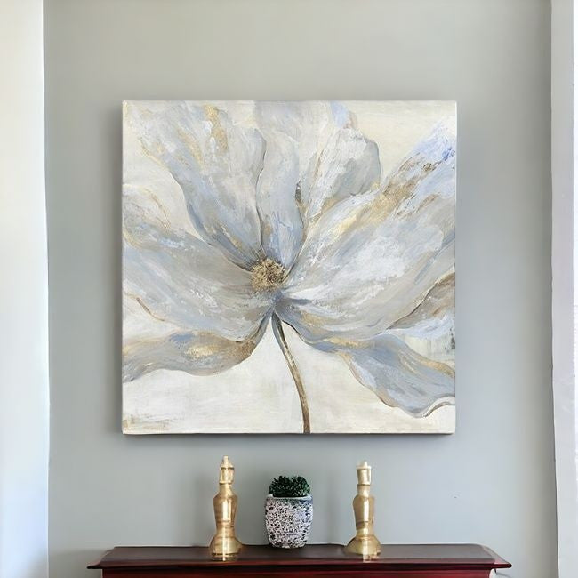 Soft Blue And Grey Flower With Gold Details Unframed Print Wall Art