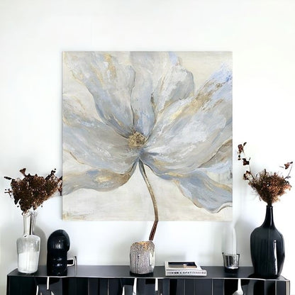 Soft Blue And Grey Flower With Gold Details Unframed Print Wall Art