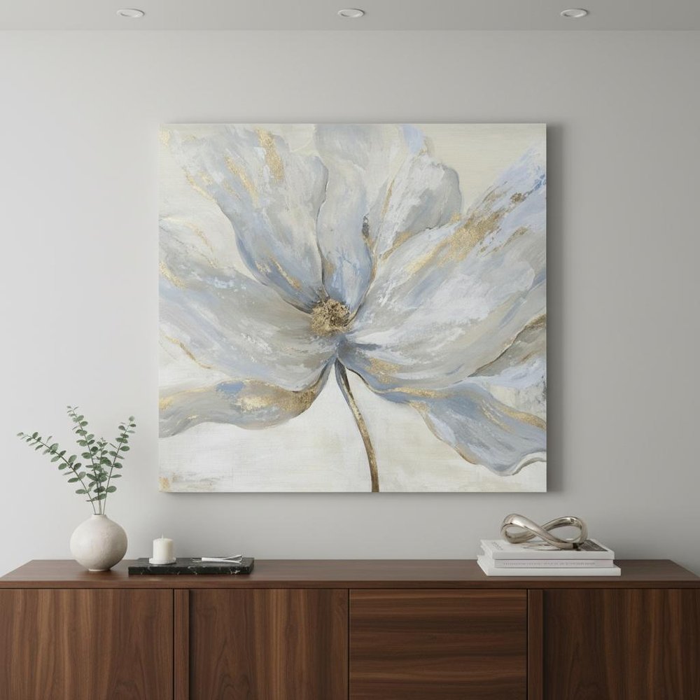 Soft Blue And Grey Flower With Gold Details Unframed Print Wall Art HomeRoots