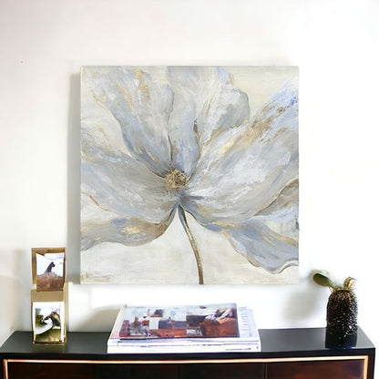 Soft Blue And Grey Flower With Gold Details Unframed Print Wall Art