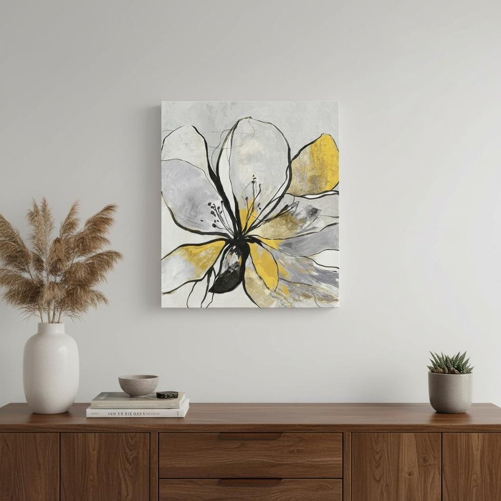 20" Modern Yellow and Black Flower in Bloom Canvas Wall Art — view 1