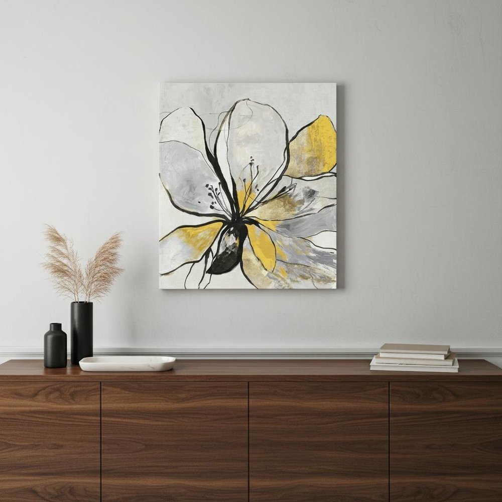 20" Modern Yellow and Black Flower in Bloom Canvas Wall Art HomeRoots