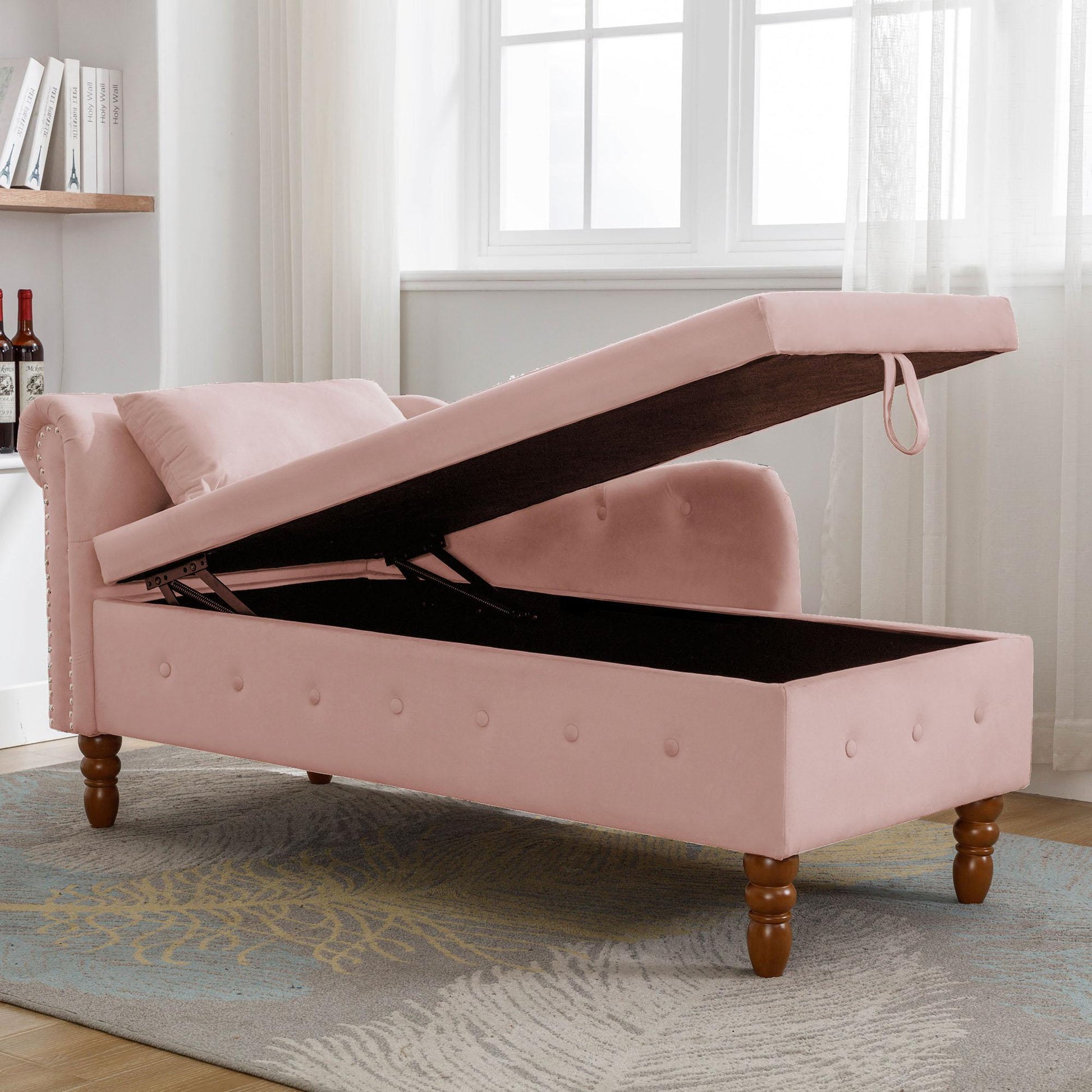 Velvet indoor chaise lounge with nailhead trim, storage and pillows, can be used in living room, bedroom, den - FurniFindUSA