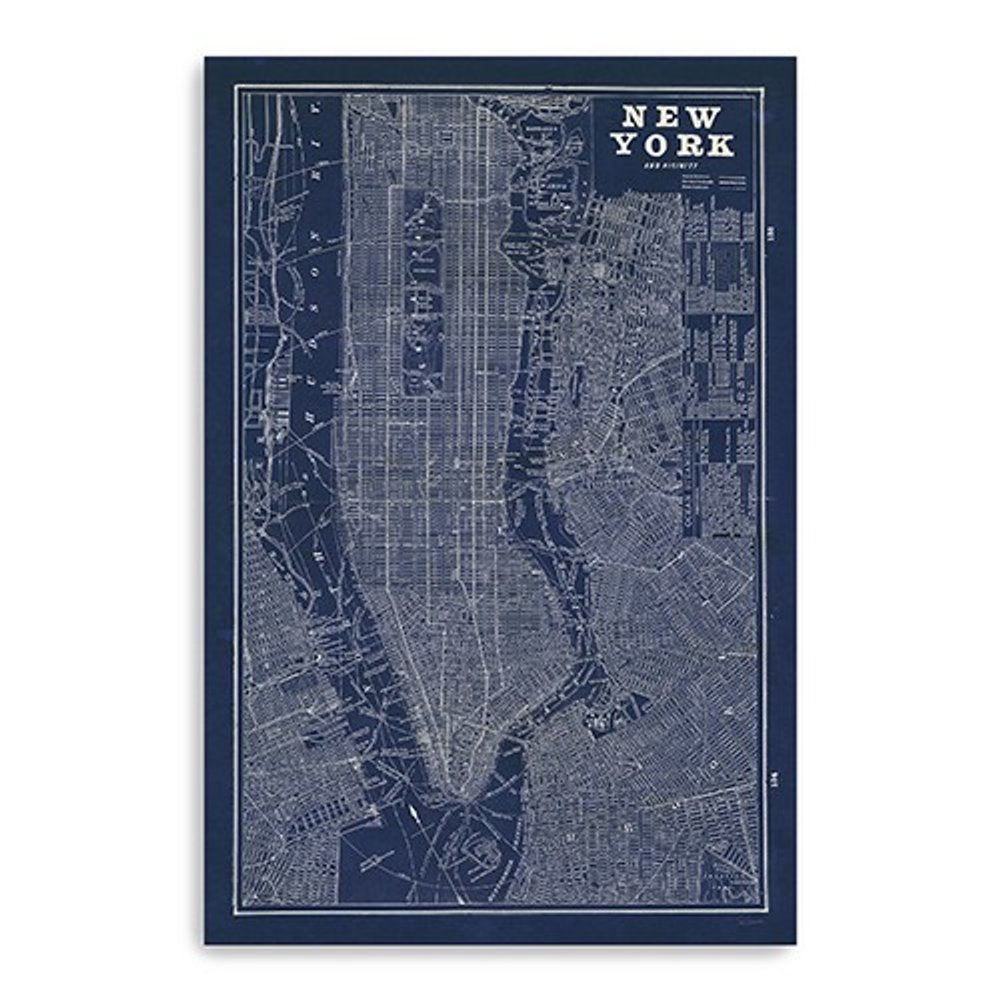 24" x 16" Indigo and White Aerial New York Map Canvas Wall Art HomeRoots