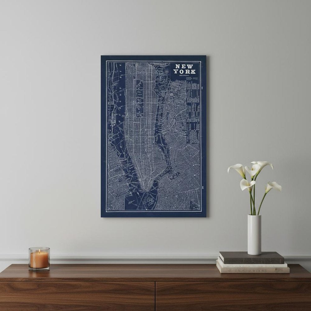 24" x 16" Indigo and White Aerial New York Map Canvas Wall Art — view 1