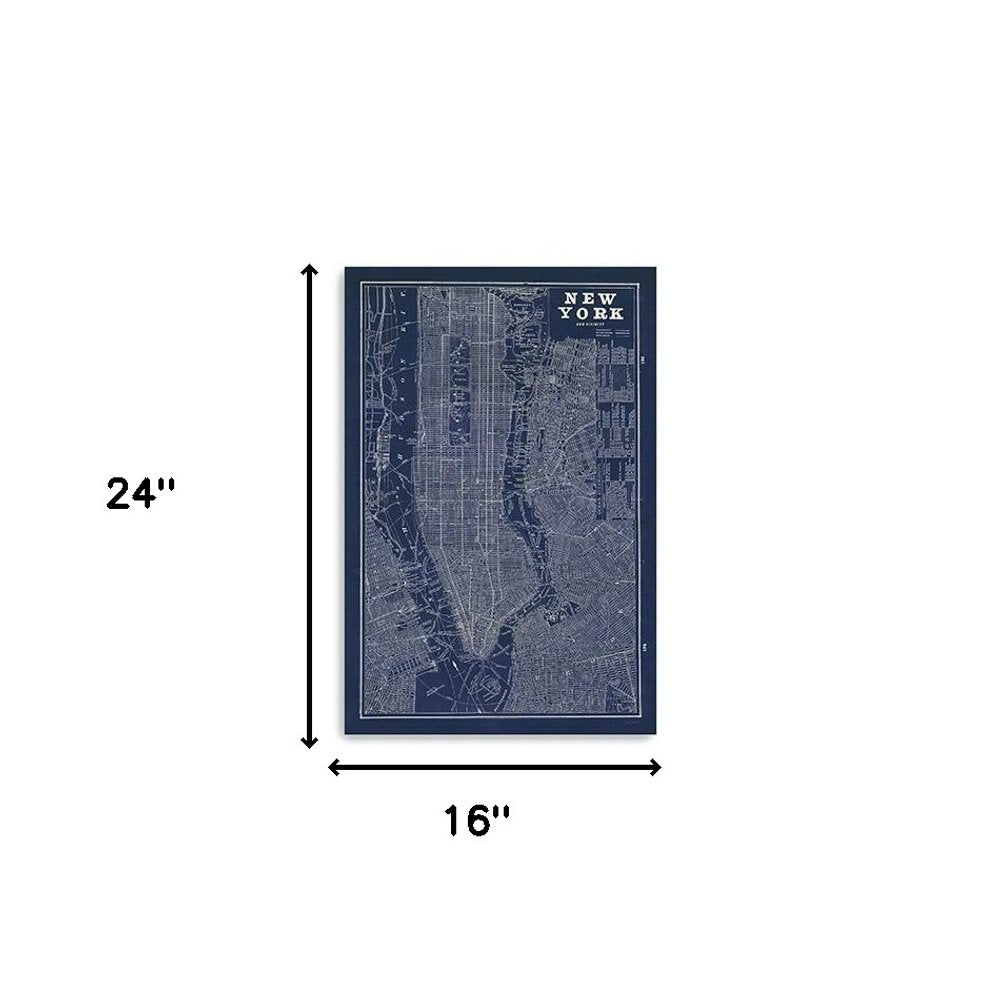 24" x 16" Indigo and White Aerial New York Map Canvas Wall Art HomeRoots