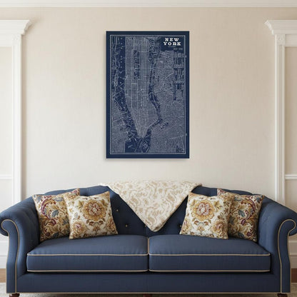 24" x 16" Indigo and White Aerial New York Map Canvas Wall Art HomeRoots
