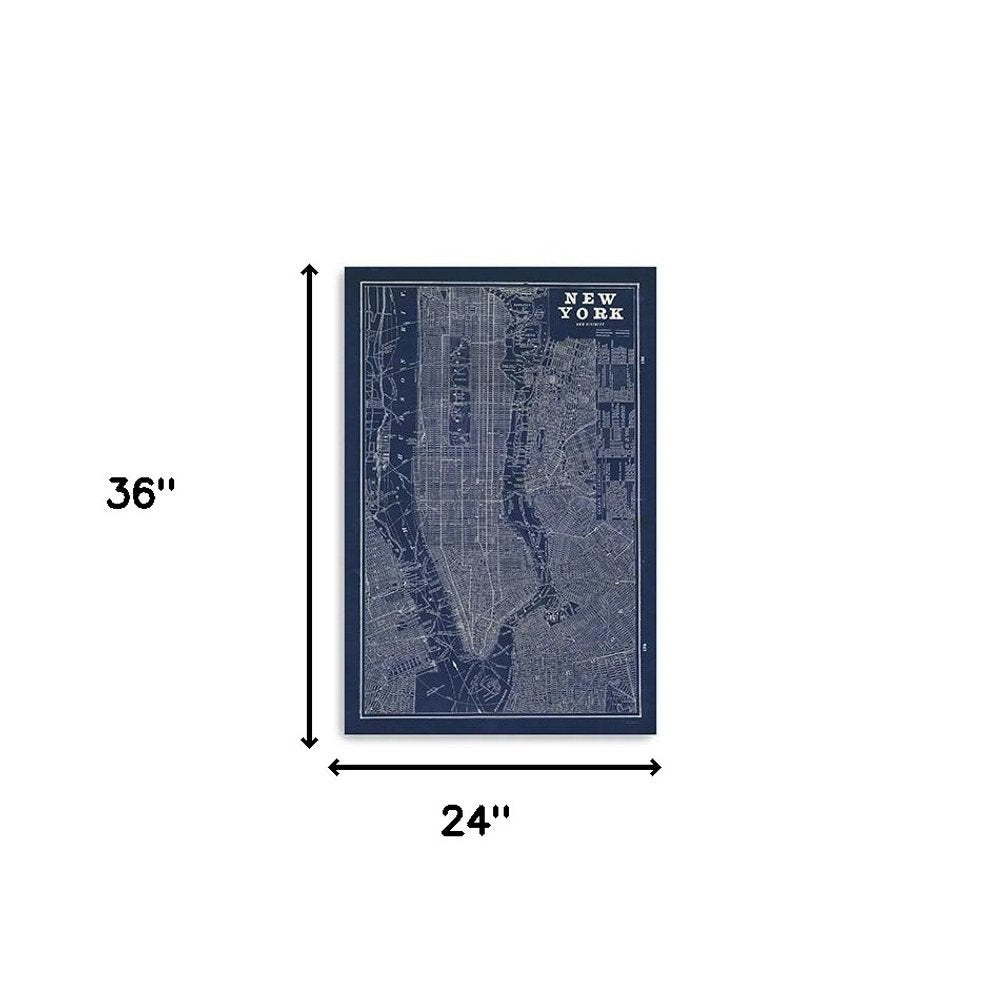 24" x 16" Indigo and White Aerial New York Map Canvas Wall Art HomeRoots