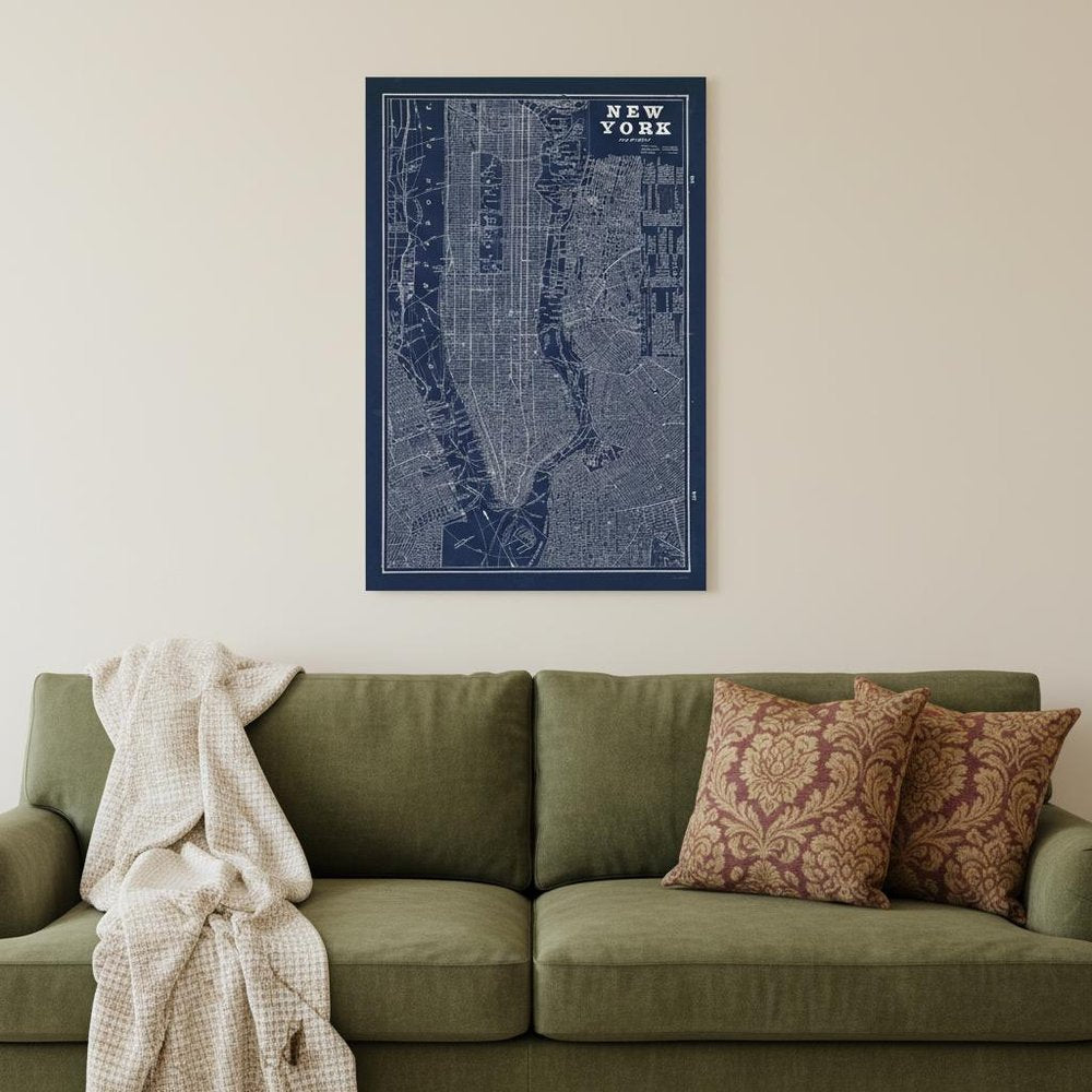 24" x 16" Indigo and White Aerial New York Map Canvas Wall Art HomeRoots