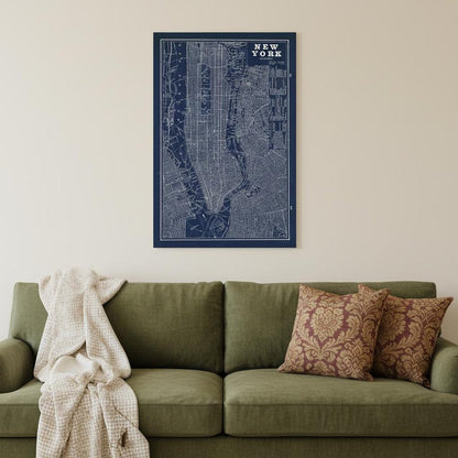 24" x 16" Indigo and White Aerial New York Map Canvas Wall Art HomeRoots