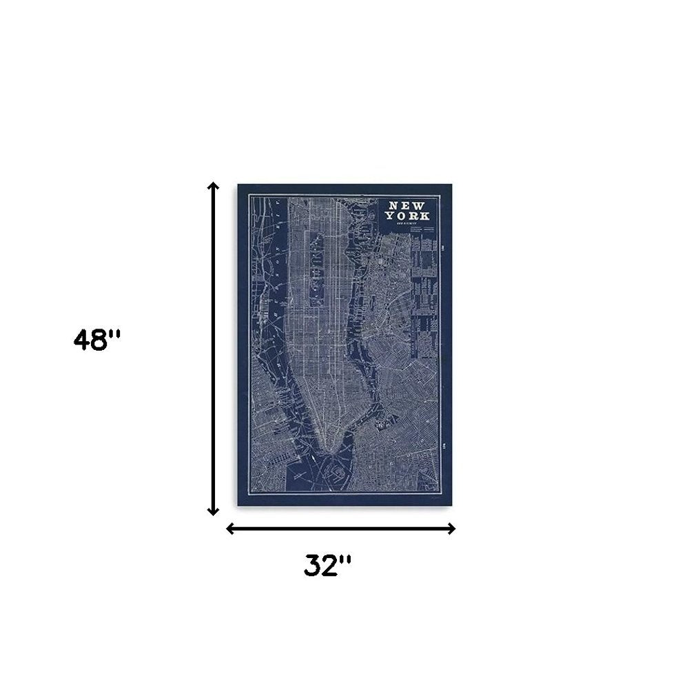 24" x 16" Indigo and White Aerial New York Map Canvas Wall Art HomeRoots