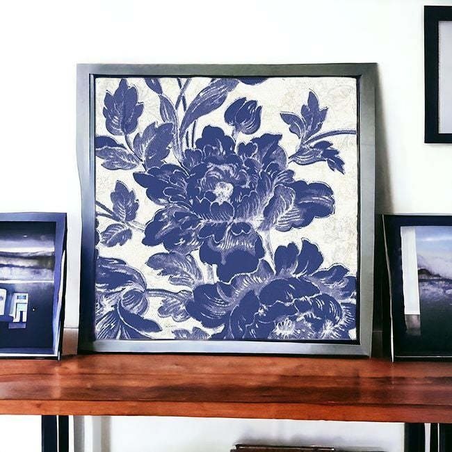 Blue Toile Roses Unframed Print Wall Art