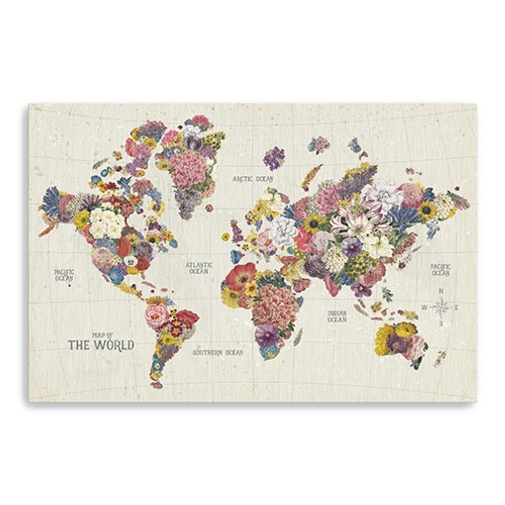 24" x 16" Fun Floral Map of the World Canvas Wall Art HomeRoots